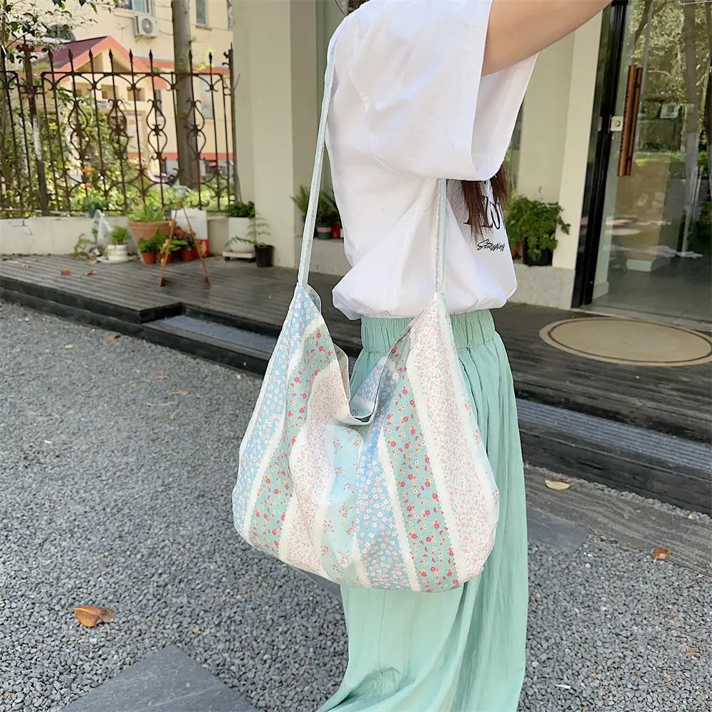 Striped Floral Shoulder Canvas Bag ChicChoi