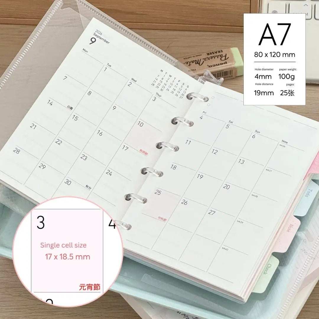 2026 Monthly Planner Loose-Leaf Inner Core – M5/A7/A6per ChicChoi