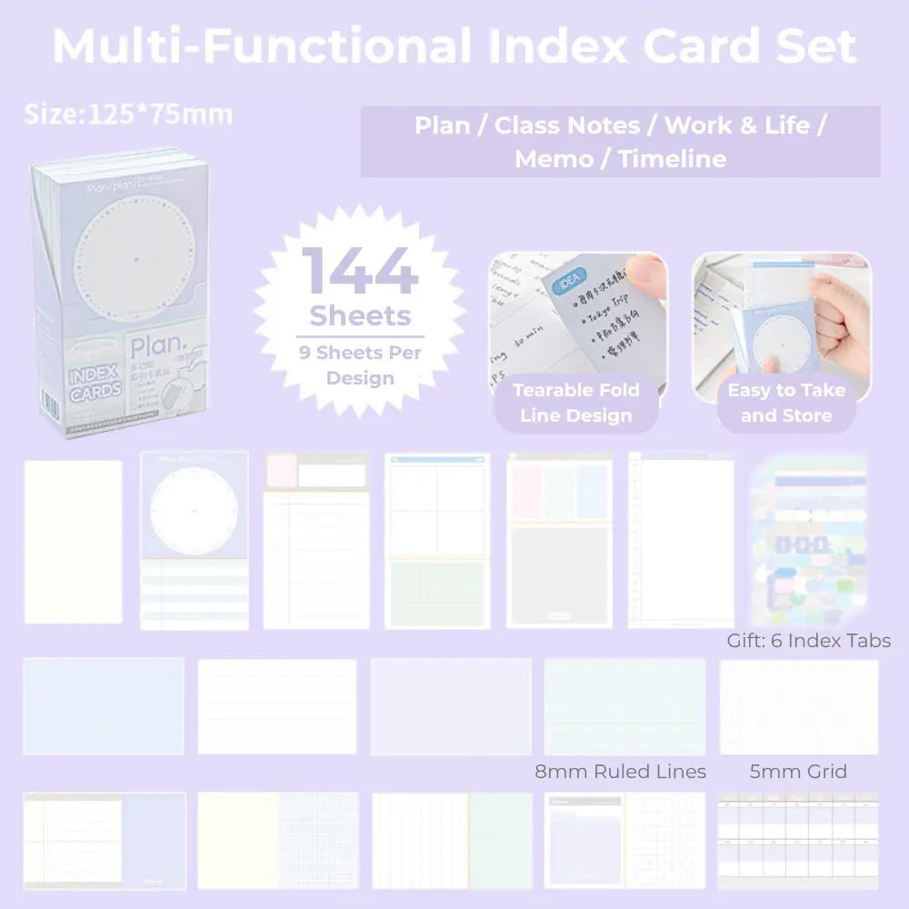 Useful Index Card Set – 144 Notes with Matching Tabs for Study & Work ChicChoi