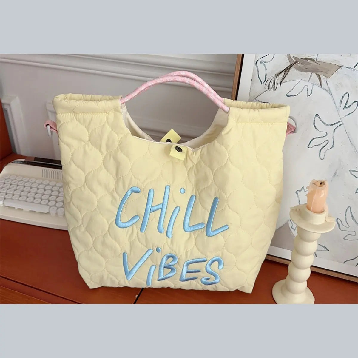 Letter Embroidery Quilted Tote Bag - 3 Colors ChicChoi