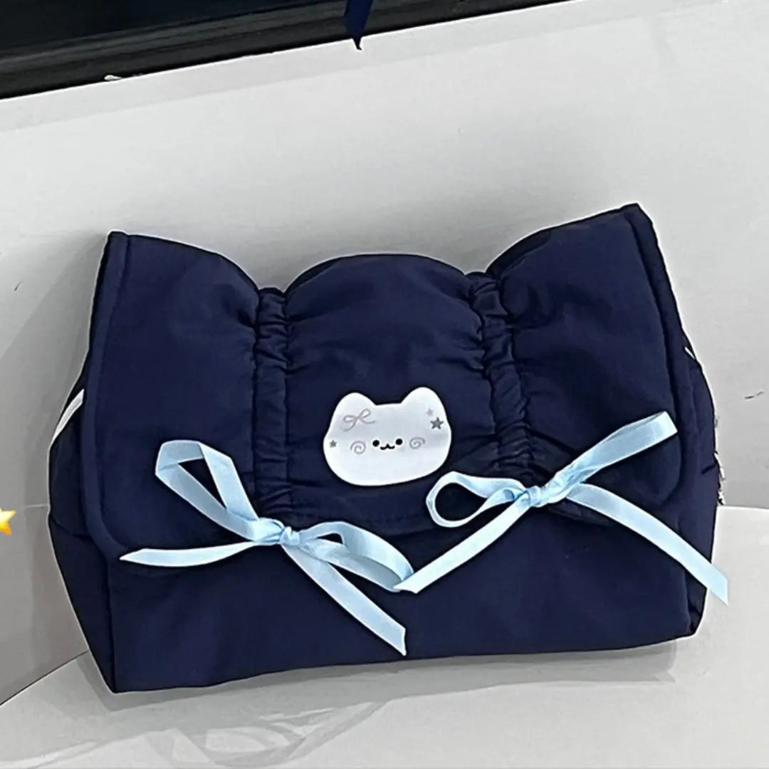 Cute Creamy Blue Bow Pencil Pouch ChicChoi