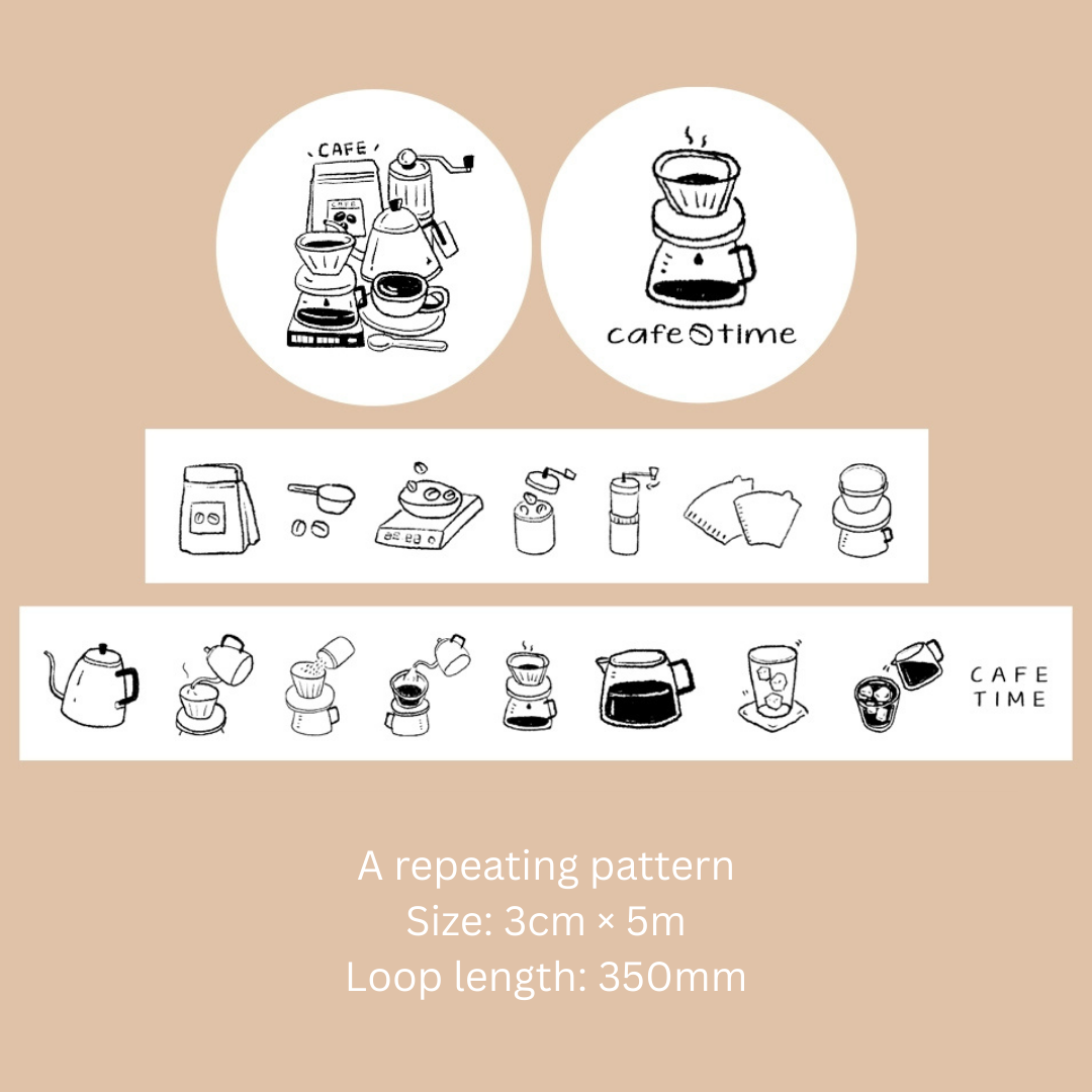 Original Black & White Hand-Drawn Coffee Washi Tape