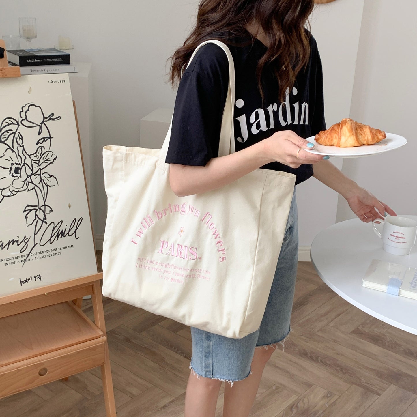 Letter Embroidered Large Capacity Shoulder Tote Bag