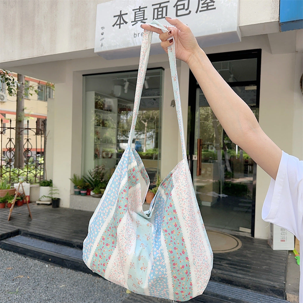 Striped Floral Shoulder Canvas Bag