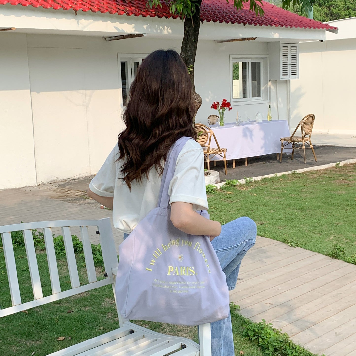 Letter Embroidered Large Capacity Shoulder Tote Bag