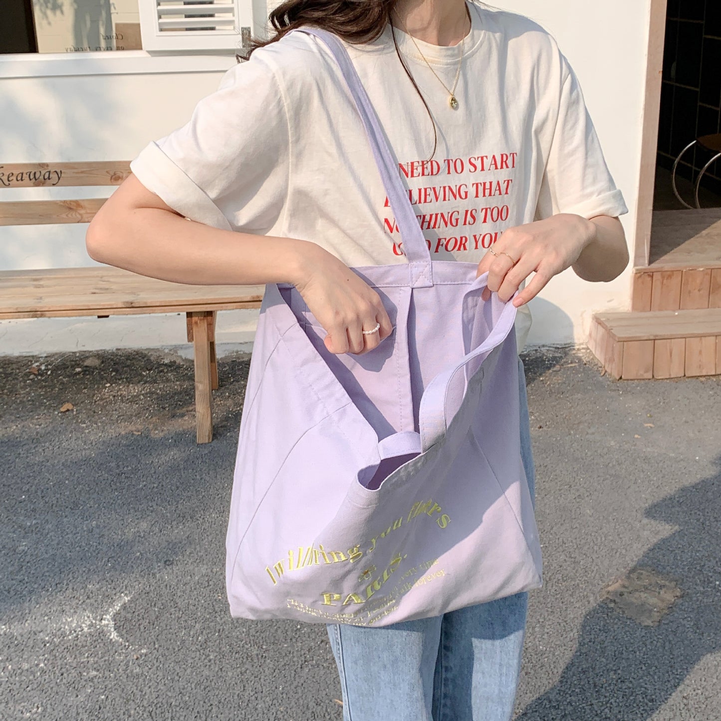 Letter Embroidered Large Capacity Shoulder Tote Bag