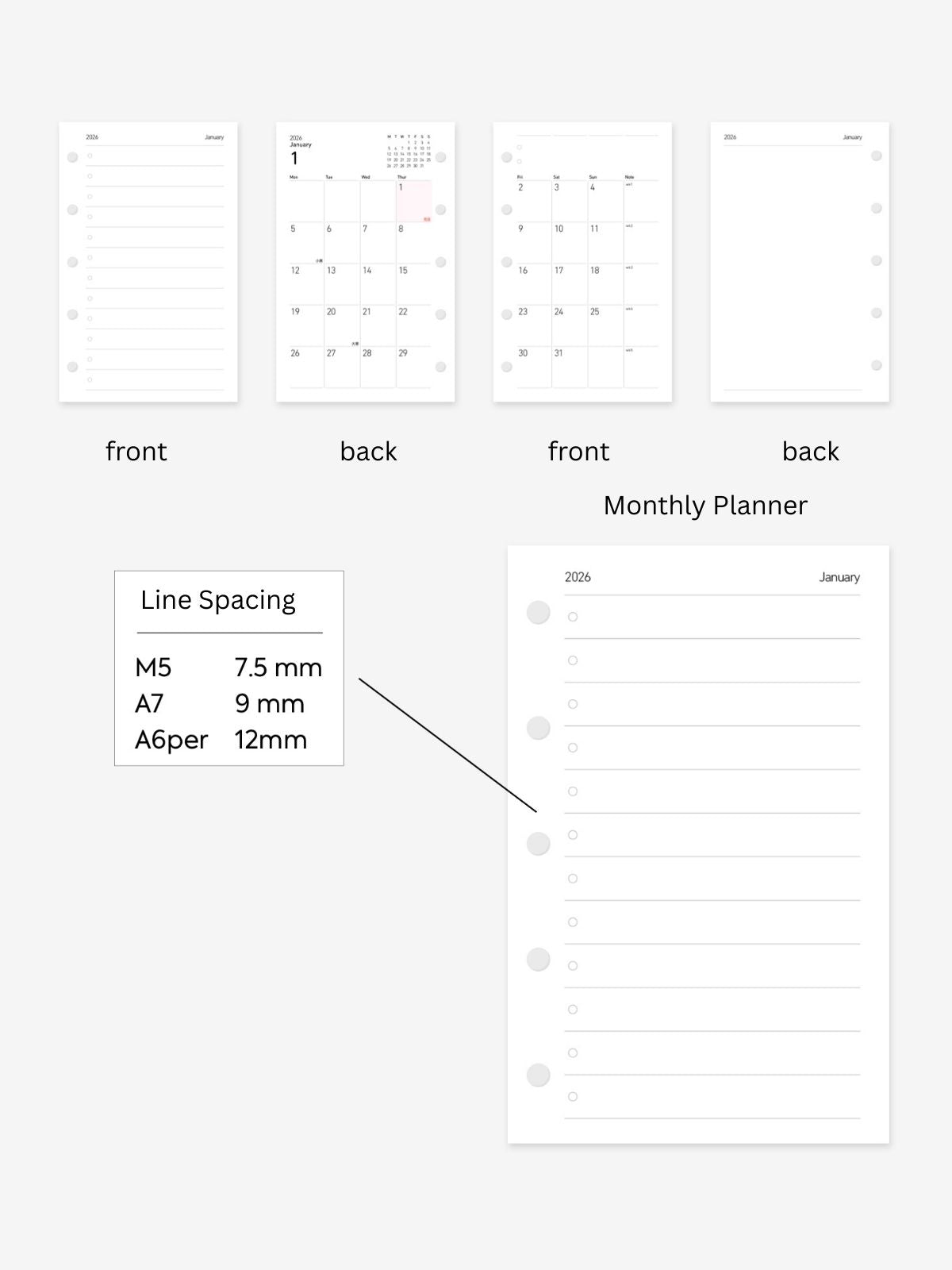 2026 Monthly Planner Loose-Leaf Inner Core – M5/A7/A6per