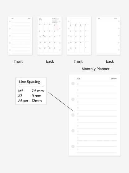 2026 Monthly Planner Loose-Leaf Inner Core – M5/A7/A6per
