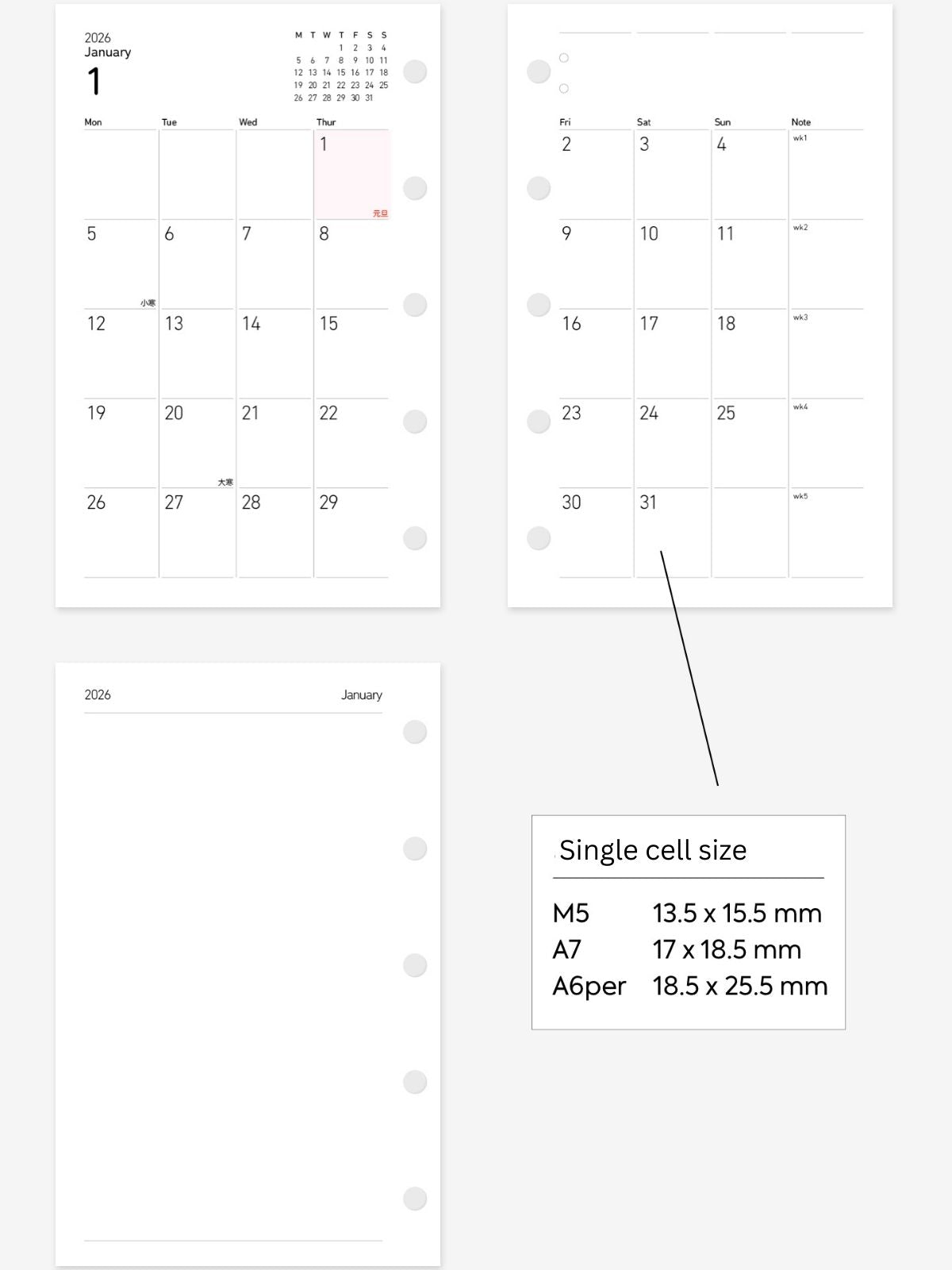 2026 Monthly Planner Loose-Leaf Inner Core – M5/A7/A6per