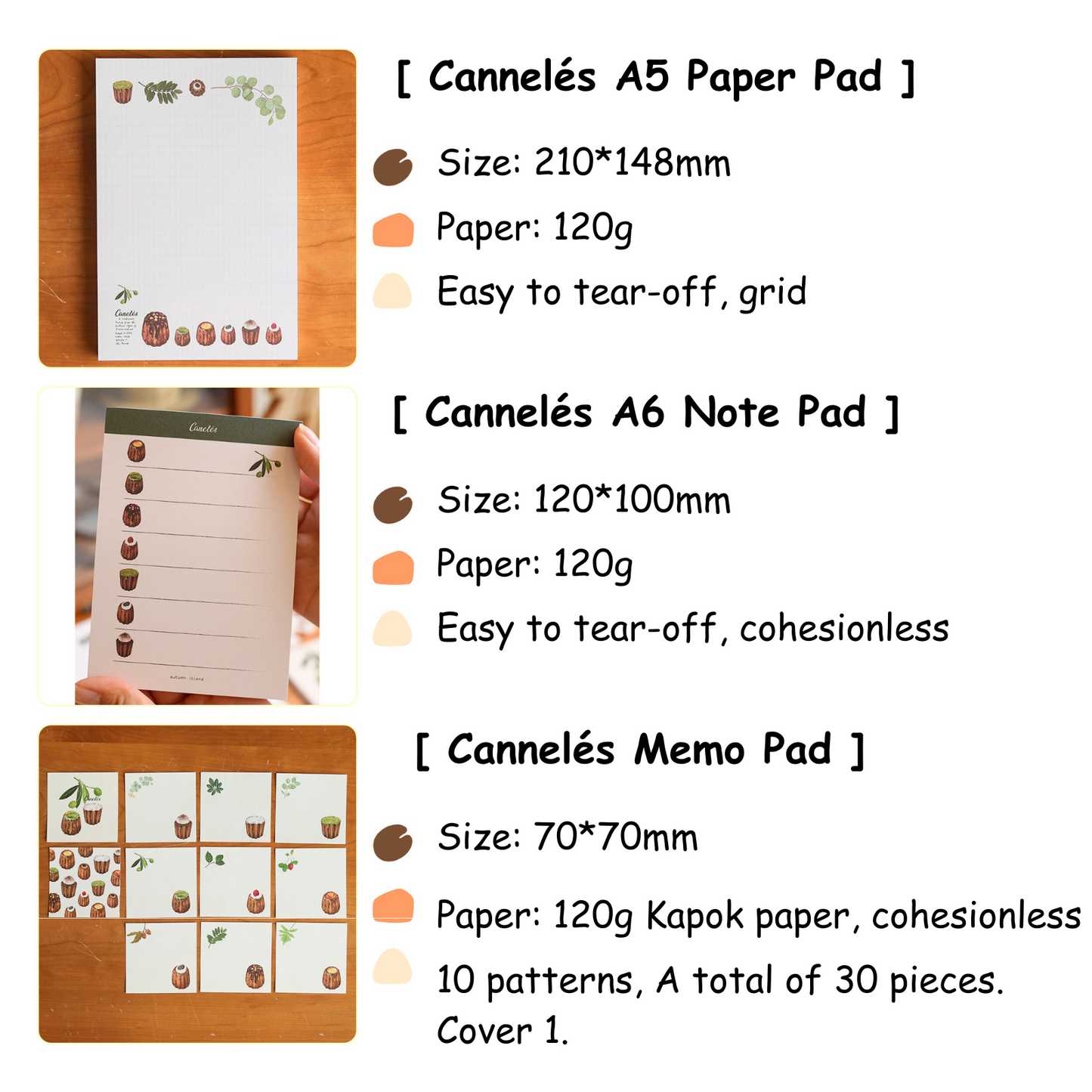 Cannelés Collections | A6, A5 Paperpads, Cute Note Message Paper