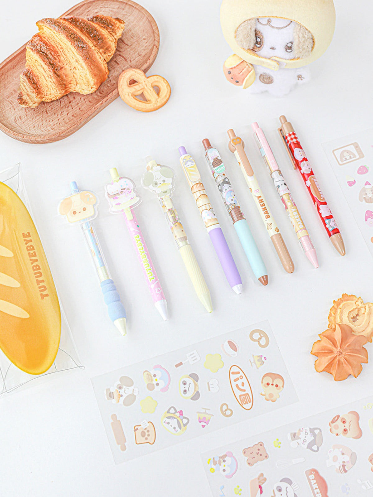 BakeryThemed Pen Set – 8pcs Cute Gel Pens with Stickers & PVC Pouch