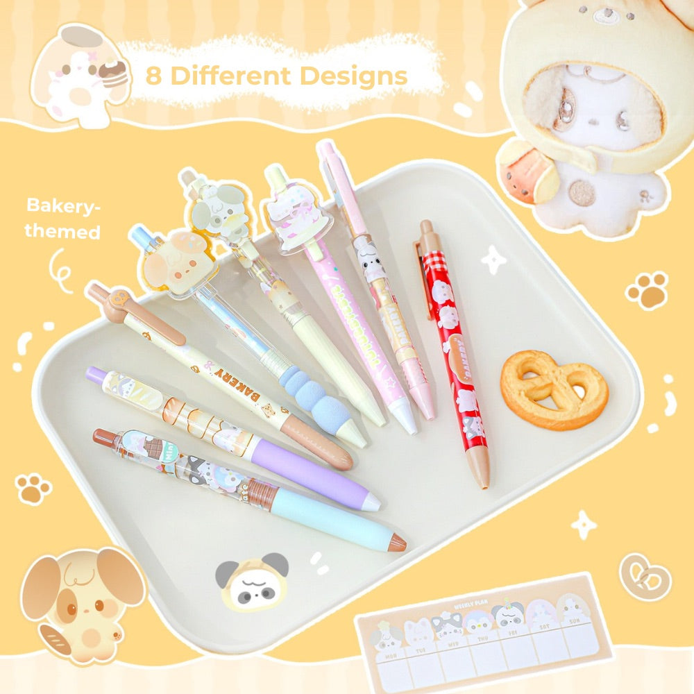 BakeryThemed Pen Set – 8pcs Cute Gel Pens with Stickers & PVC Pouch