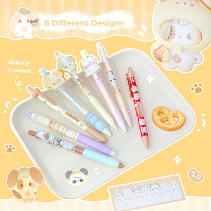 BakeryThemed Pen Set – 8pcs Cute Gel Pens with Stickers & PVC Pouch