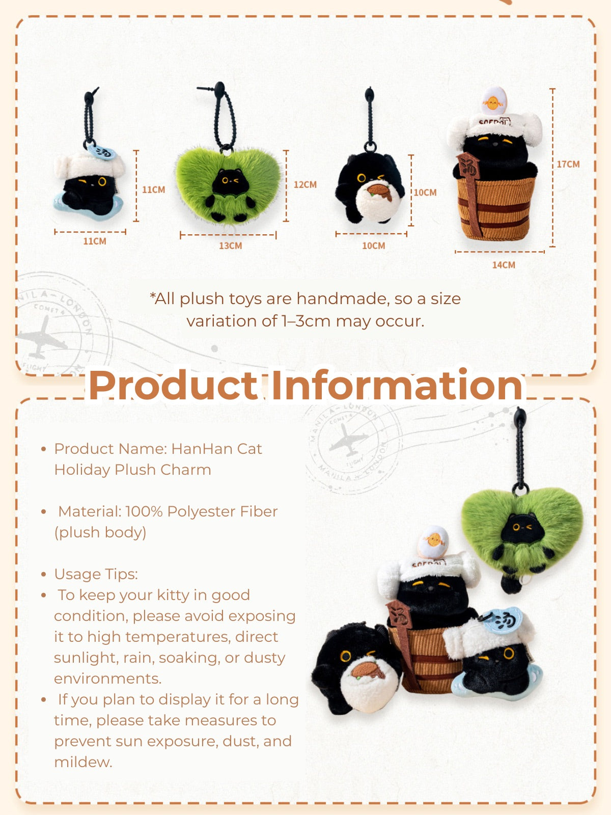 HanHan Cat Holiday Plush Charm – Cute Travel Cat Keychain Toy Gift