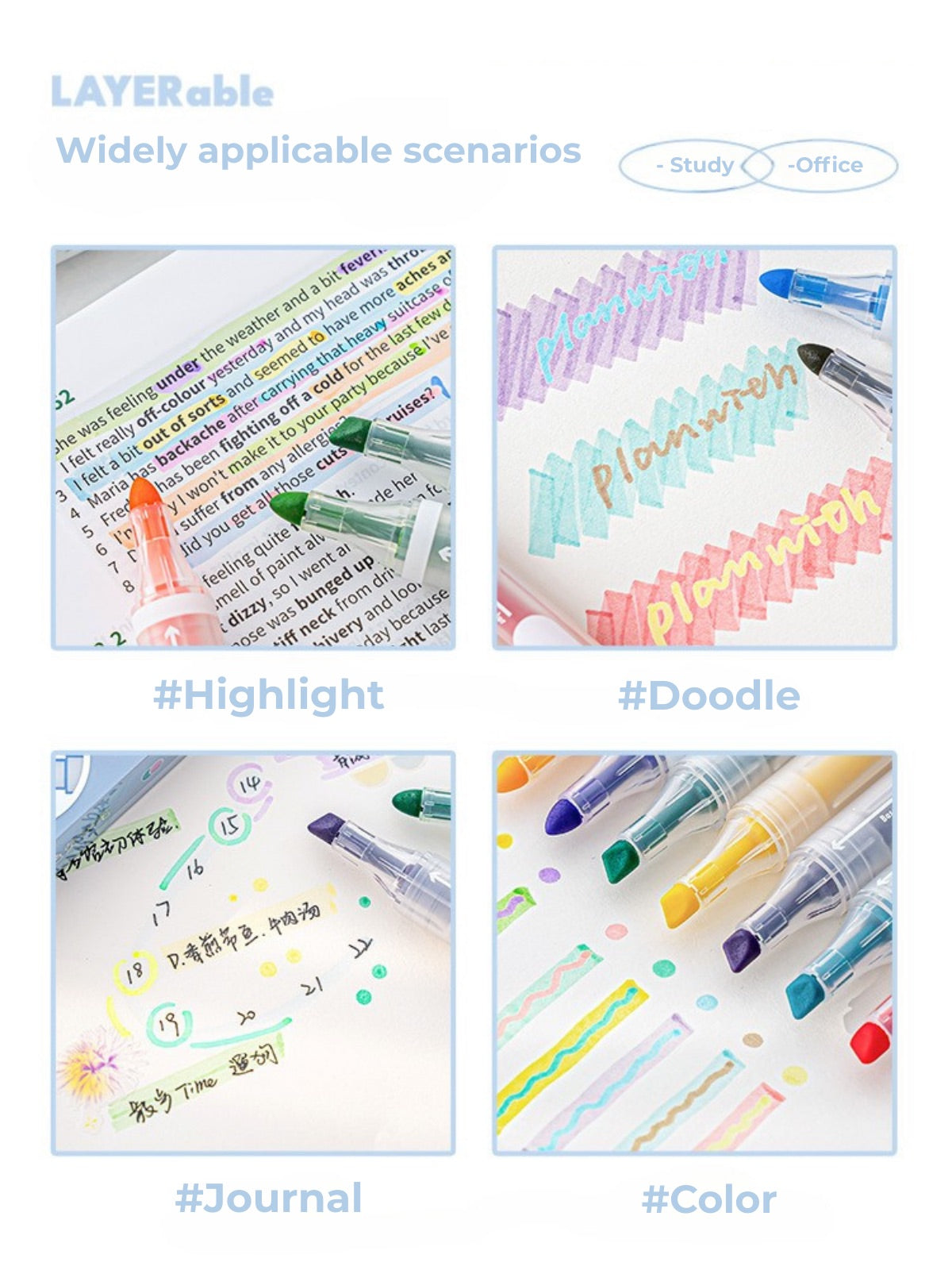 Layerable Dual-Tip Highlighters