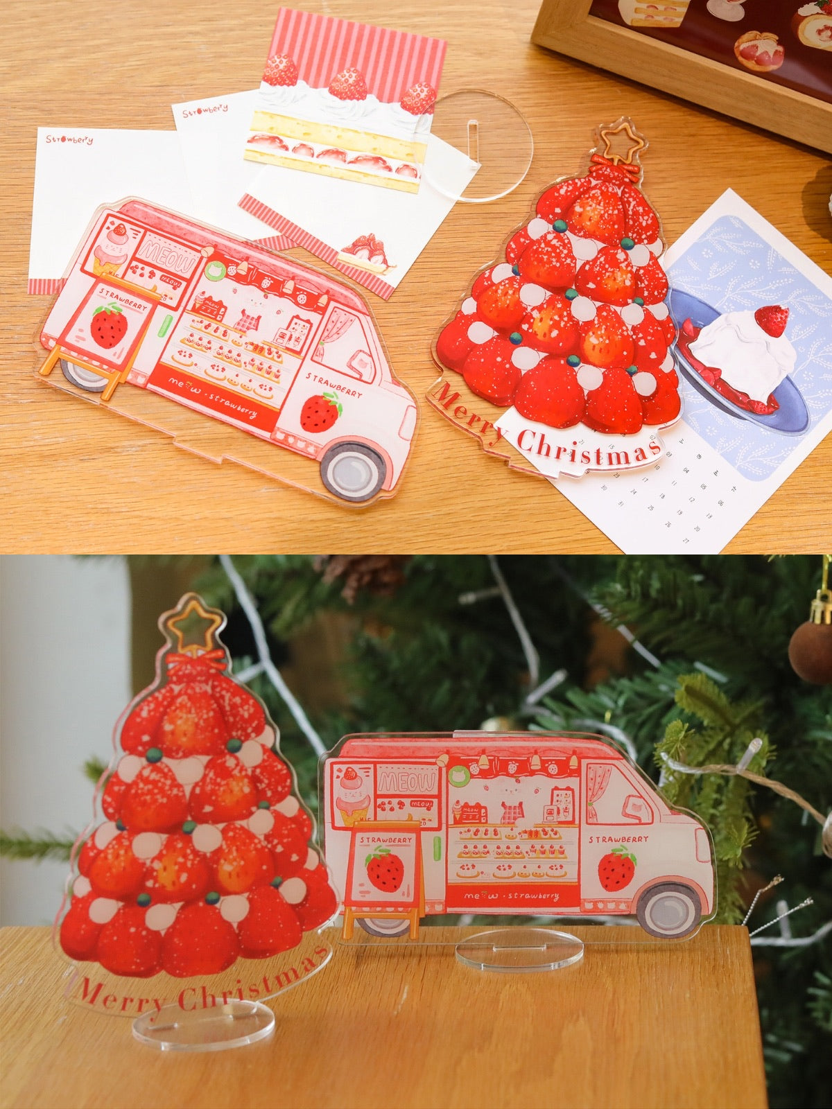 Strawberry Christmas Tree/Dining Car Acrylic Note Holder Stand