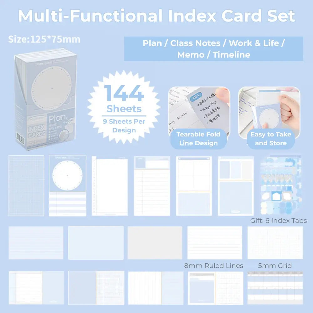Useful Index Card Set – 144 Notes Matching Tabs Study & Work