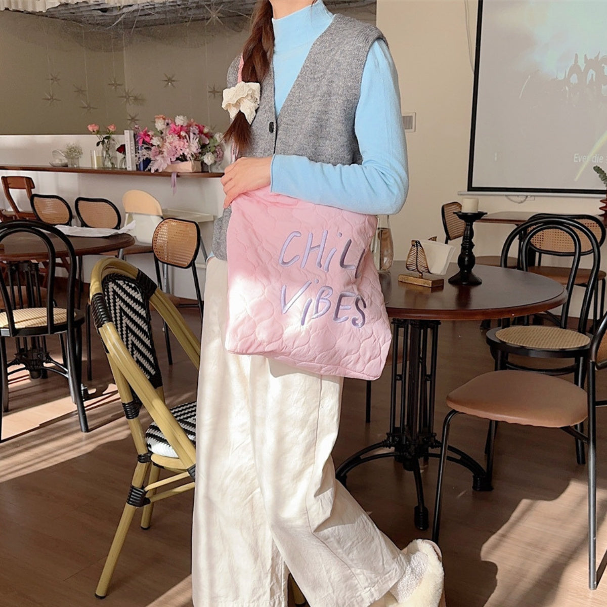 Letter Embroidery Quilted Tote Bag - 3 Colors