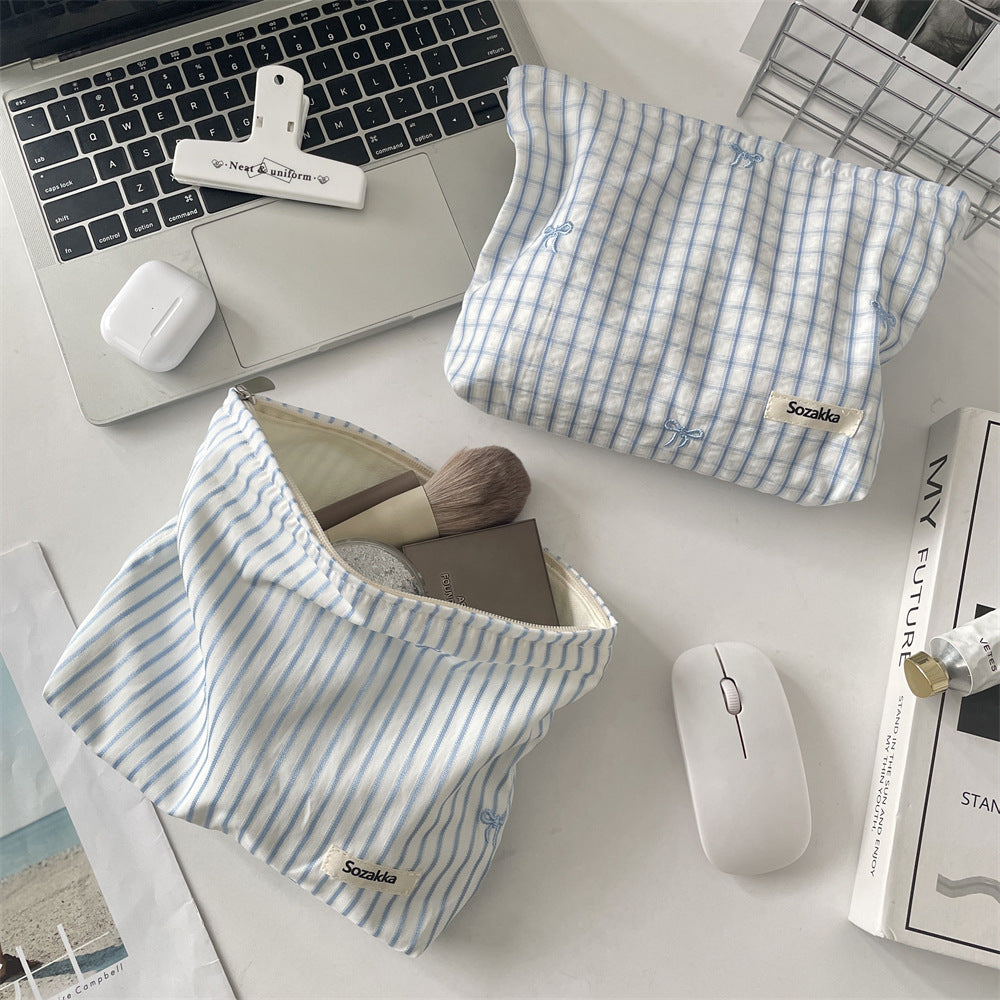 Cozy Gingham & Embroidery Storage Pouch