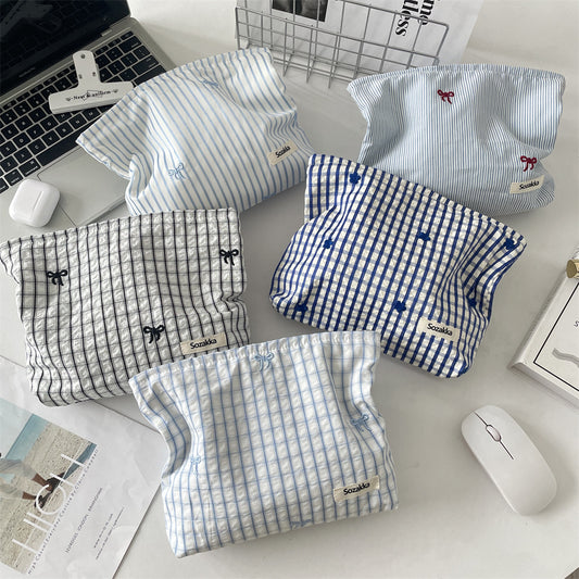 Cozy Gingham & Embroidery Storage Pouch