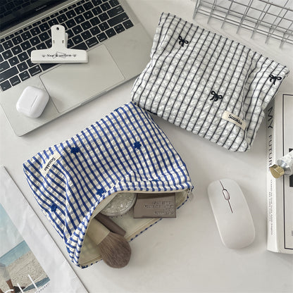 Cozy Gingham & Embroidery Storage Pouch