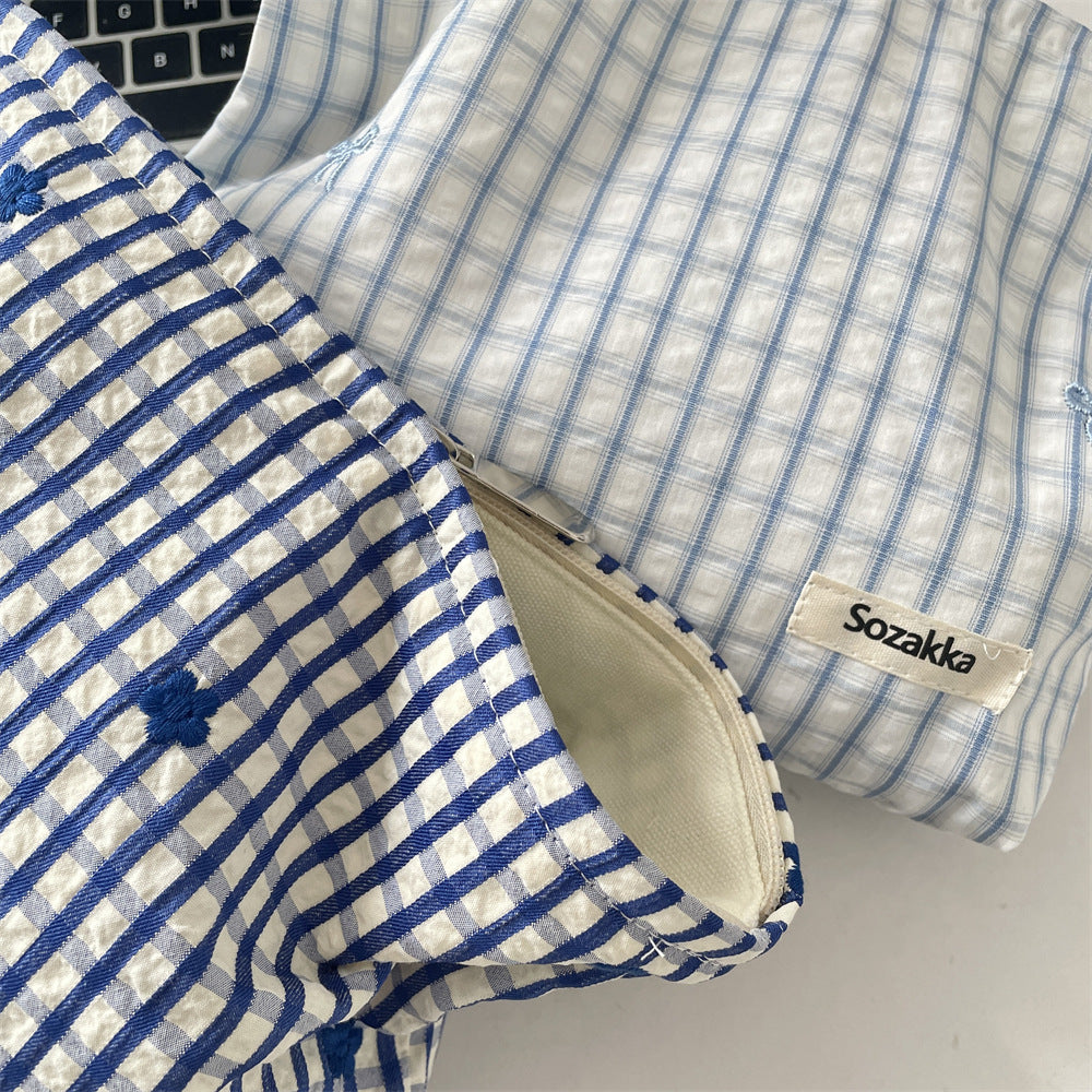 Cozy Gingham & Embroidery Storage Pouch