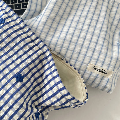 Cozy Gingham & Embroidery Storage Pouch