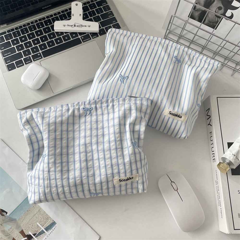 Cozy Gingham & Embroidery Storage Pouch