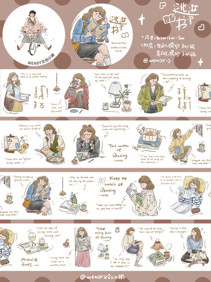 Escape into Books Original Illustrated Washi & PET Sticker Tape