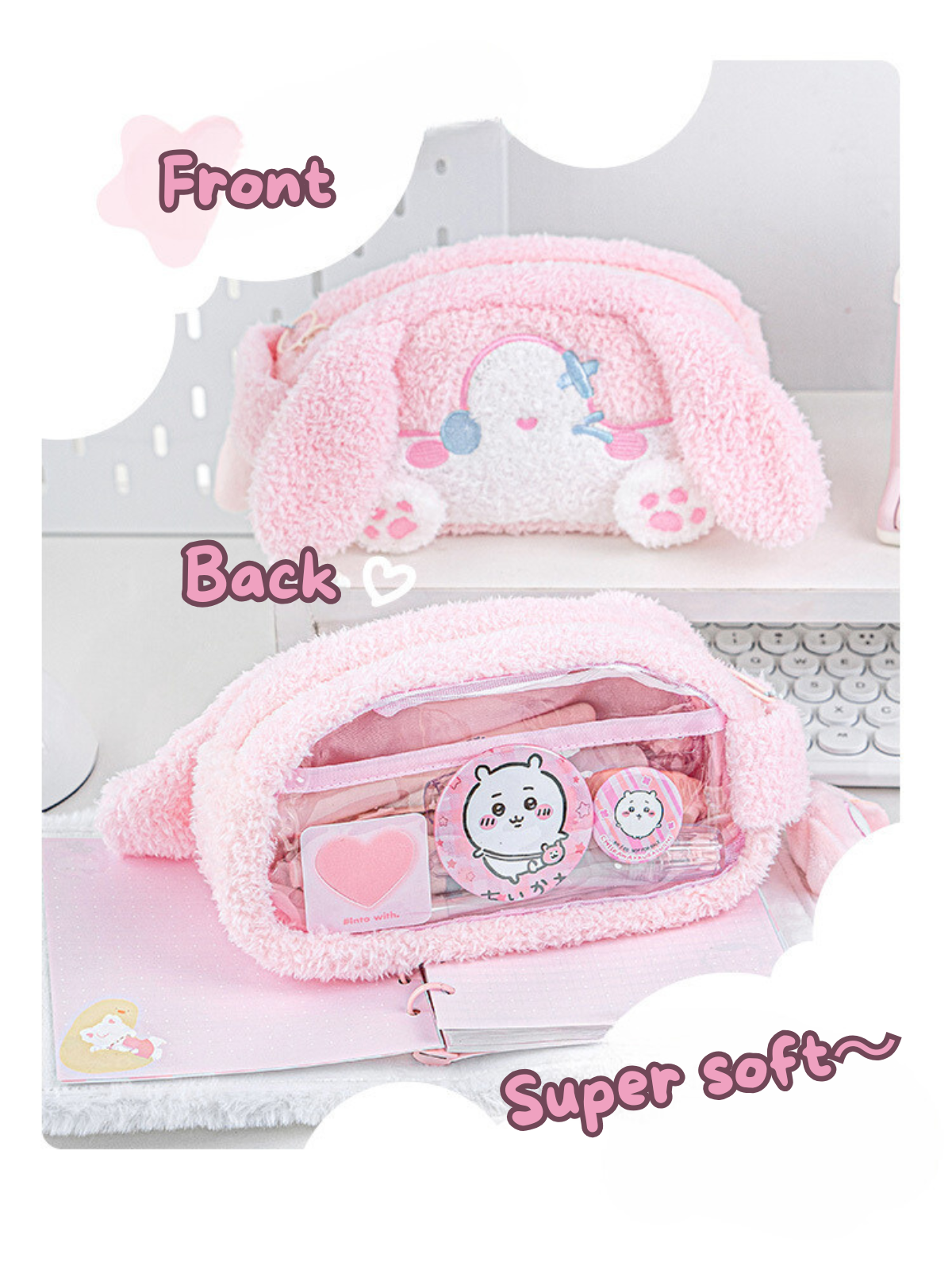 Fluffy Plush Pencil Bag with Visible Window