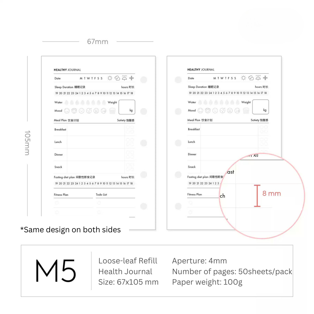M5/A7 Bi-Fold Loose-Leaf Paper Core | Sleep, Weight & Wellness Management