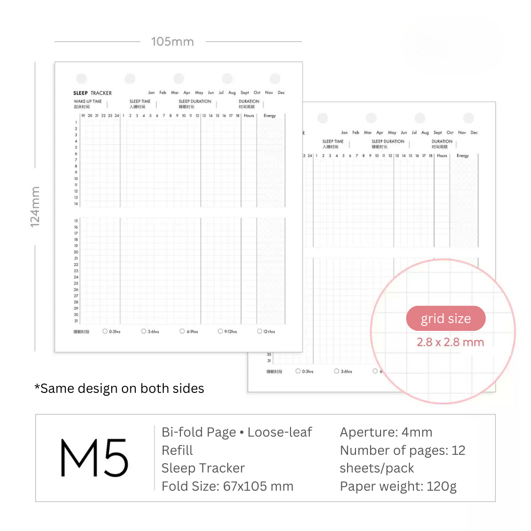 M5/A7 Bi-Fold Loose-Leaf Paper Core | Sleep, Weight & Wellness Management