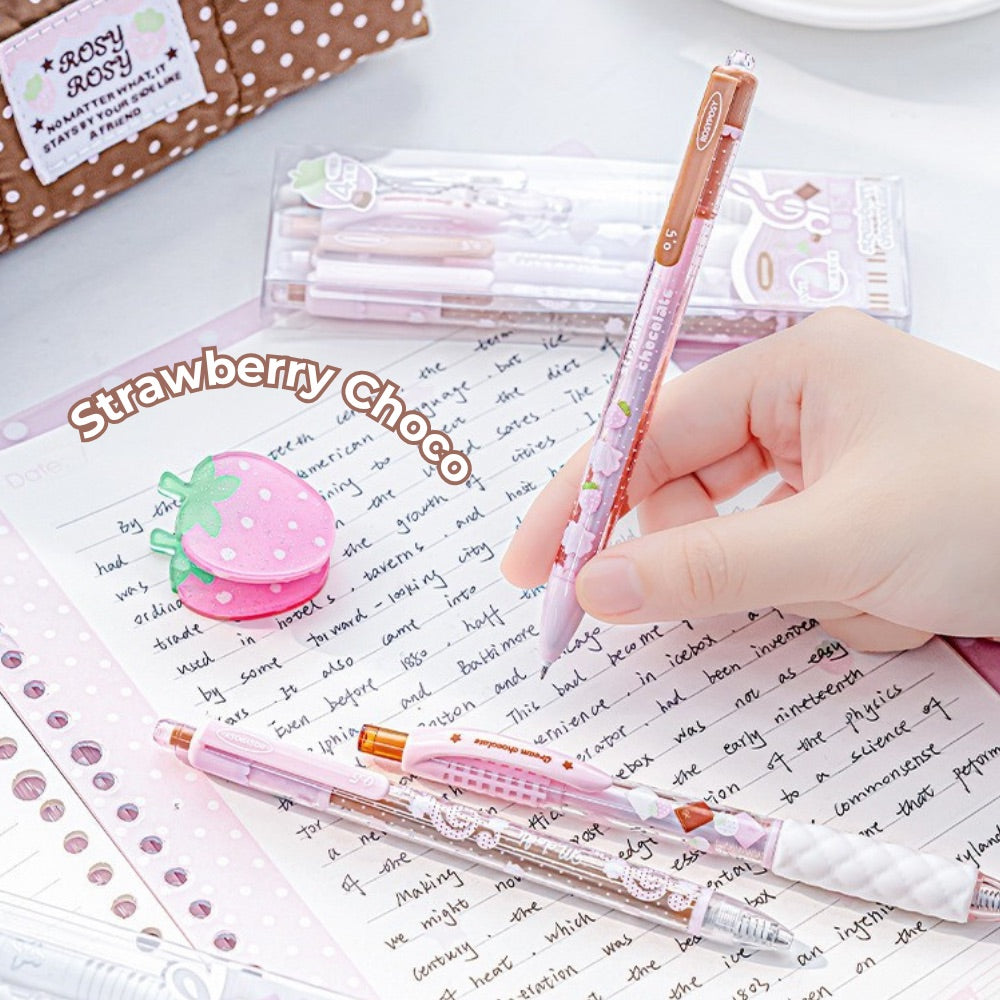 Strawberry Chocolate Gel Pens Set, 4-Pack, 0.5 mm Black