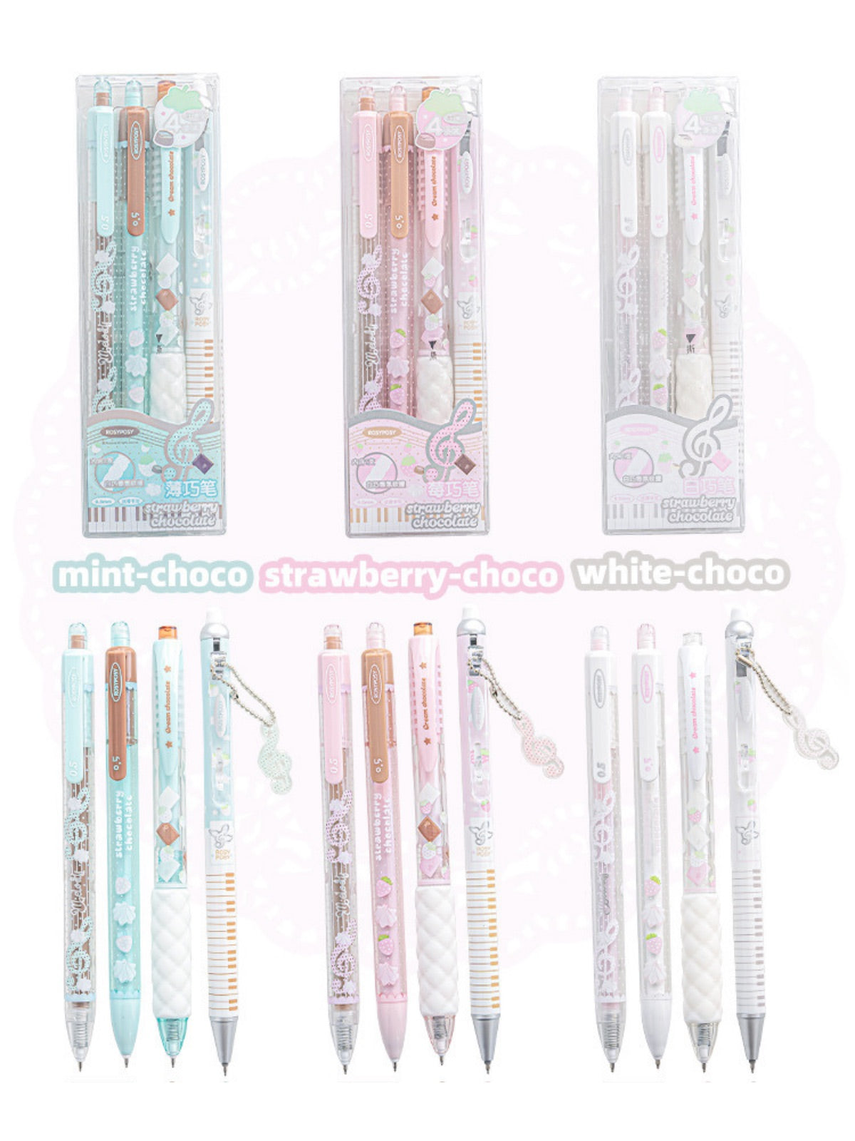 Strawberry Chocolate Gel Pens Set, 4-Pack, 0.5 mm Black