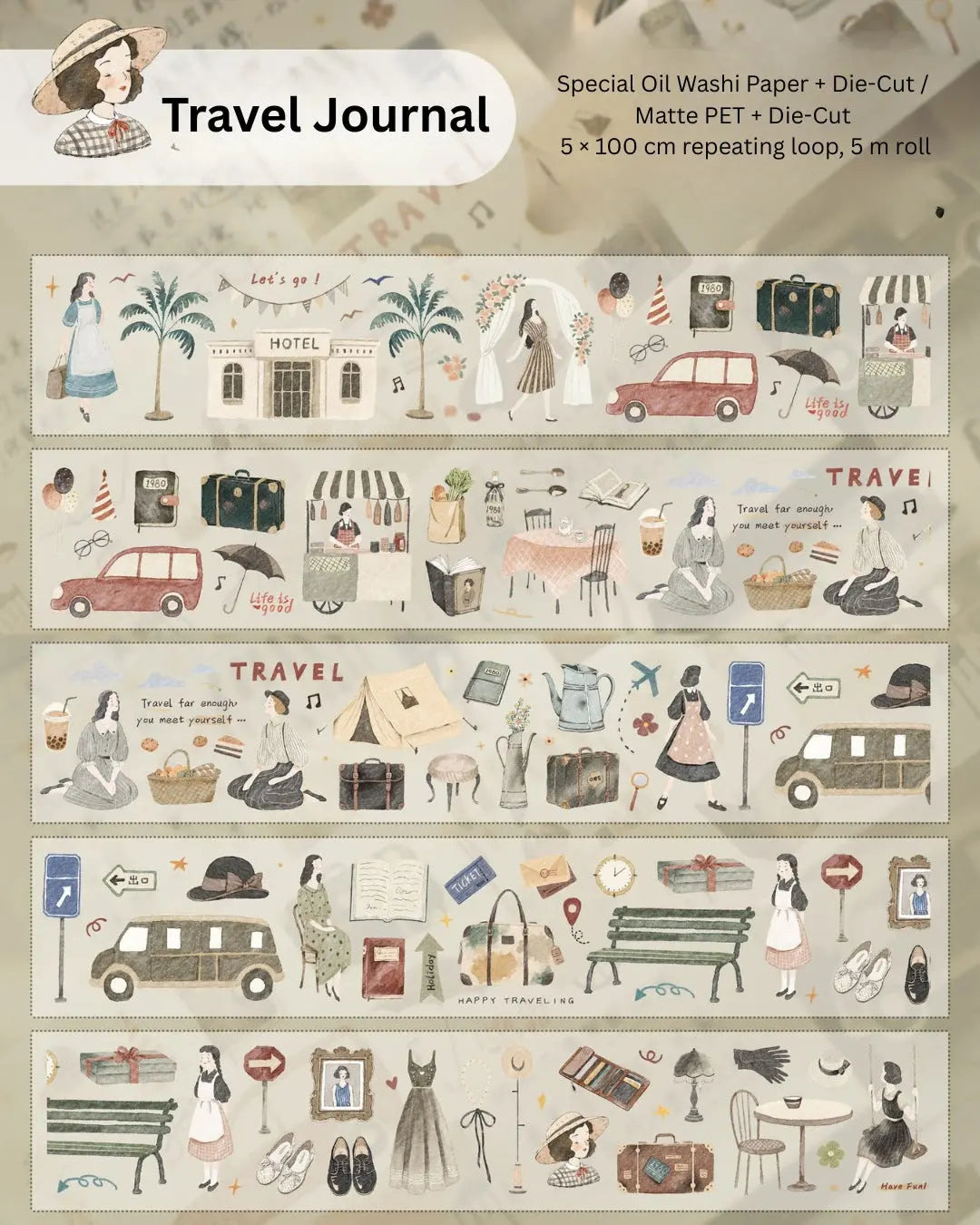 Travel Journal – Soft Vintage Die-Cut Washi & PET Tape ChicChoi