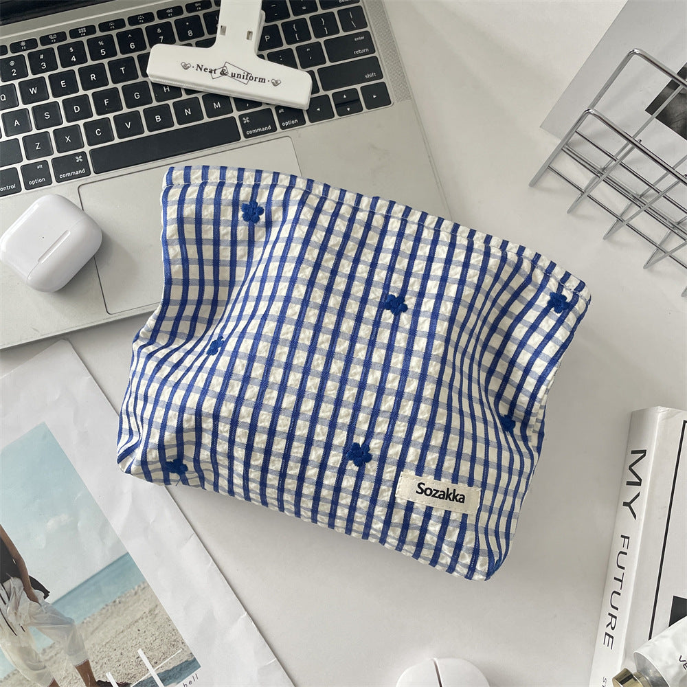 Cozy Gingham & Embroidery Storage Pouch