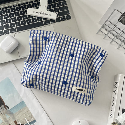 Cozy Gingham & Embroidery Storage Pouch