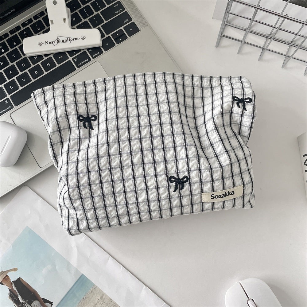 Cozy Gingham & Embroidery Storage Pouch