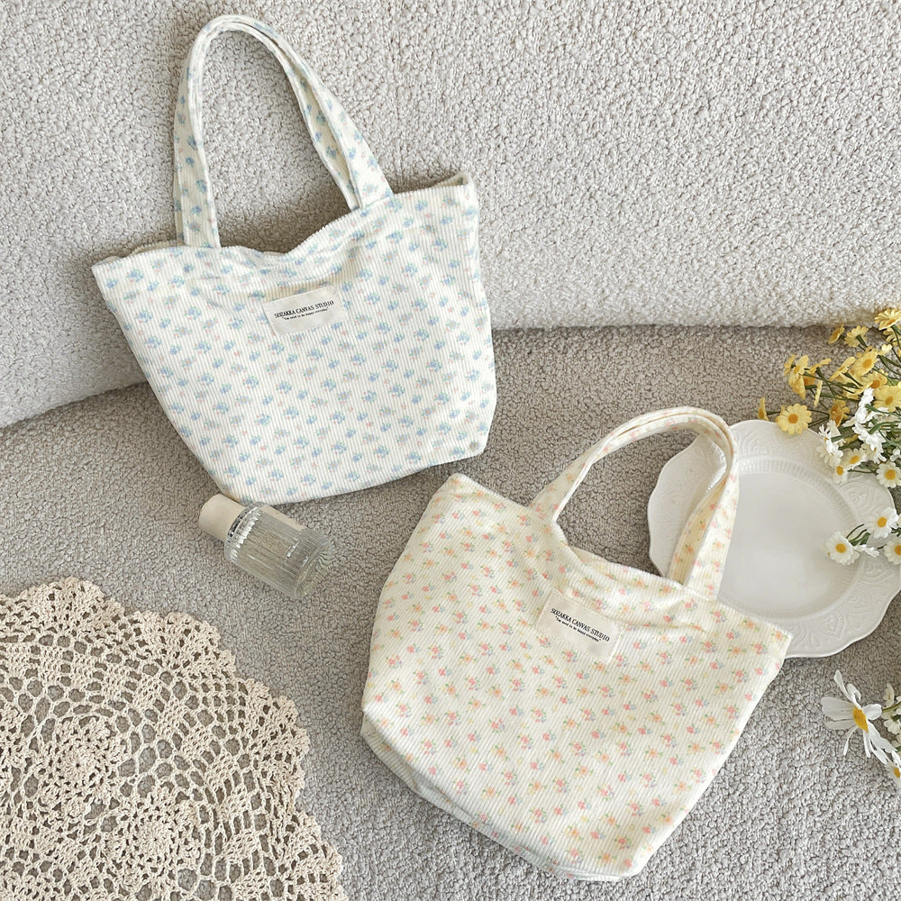 Corduroy Floral Tote Bag - Fits A4 Books & Bento Boxes