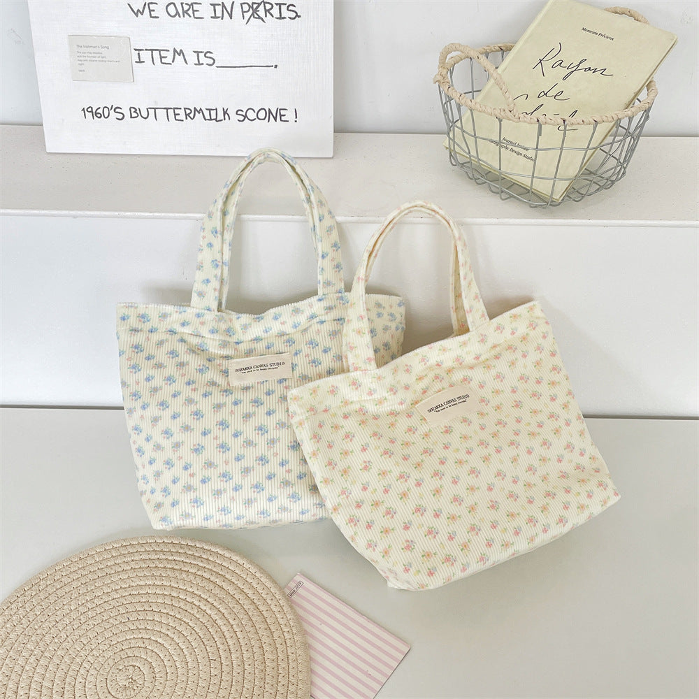 Corduroy Floral Tote Bag - Fits A4 Books & Bento Boxes