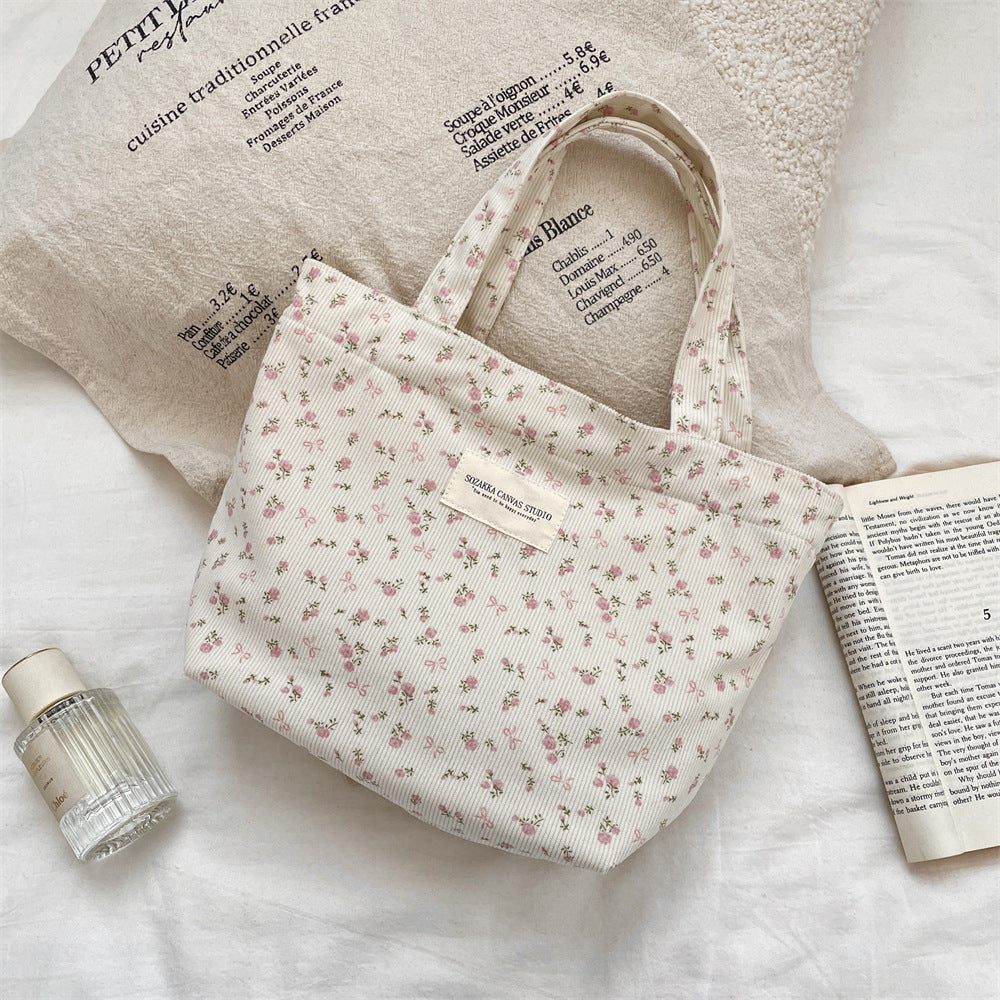 Corduroy Floral Tote Bag - Fits A4 Books & Bento Boxes