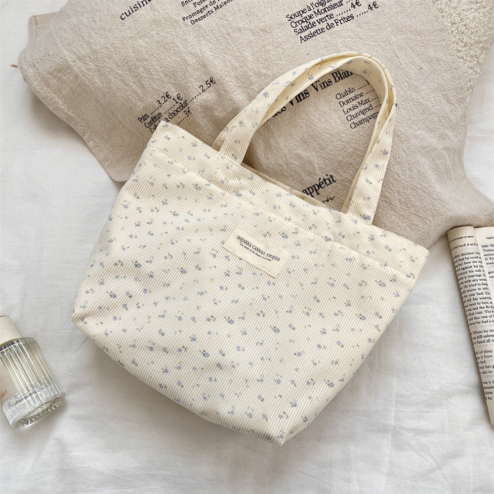 Corduroy Floral Tote Bag - Fits A4 Books & Bento Boxes