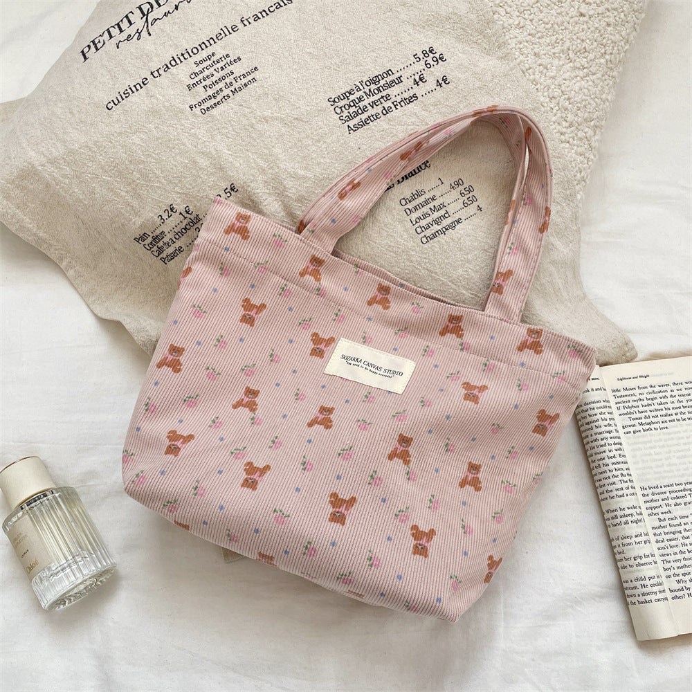 Corduroy Floral Tote Bag - Fits A4 Books & Bento Boxes