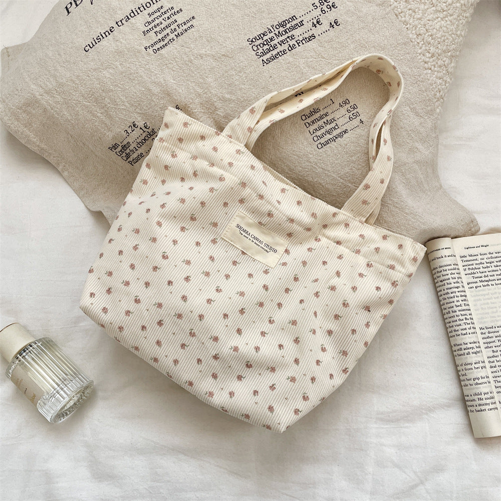Corduroy Floral Tote Bag - Fits A4 Books & Bento Boxes