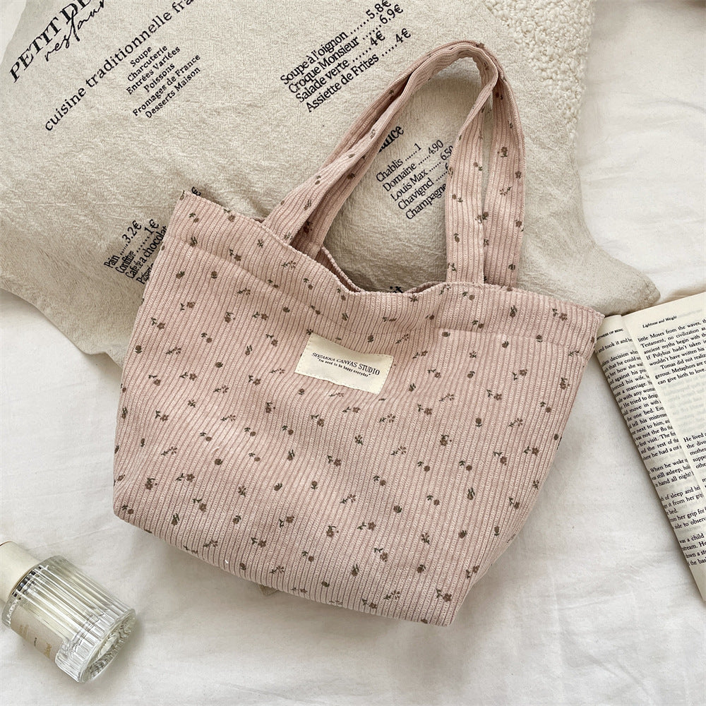 Corduroy Floral Tote Bag - Fits A4 Books & Bento Boxes