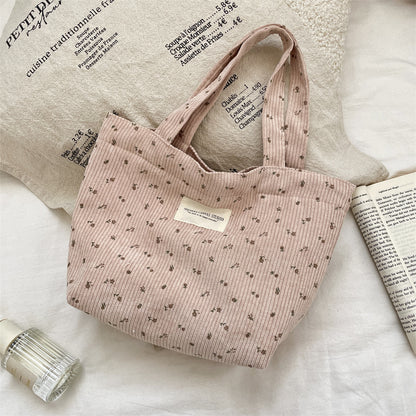 Corduroy Floral Tote Bag - Fits A4 Books & Bento Boxes
