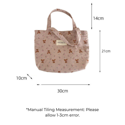Corduroy Floral Tote Bag - Fits A4 Books & Bento Boxes