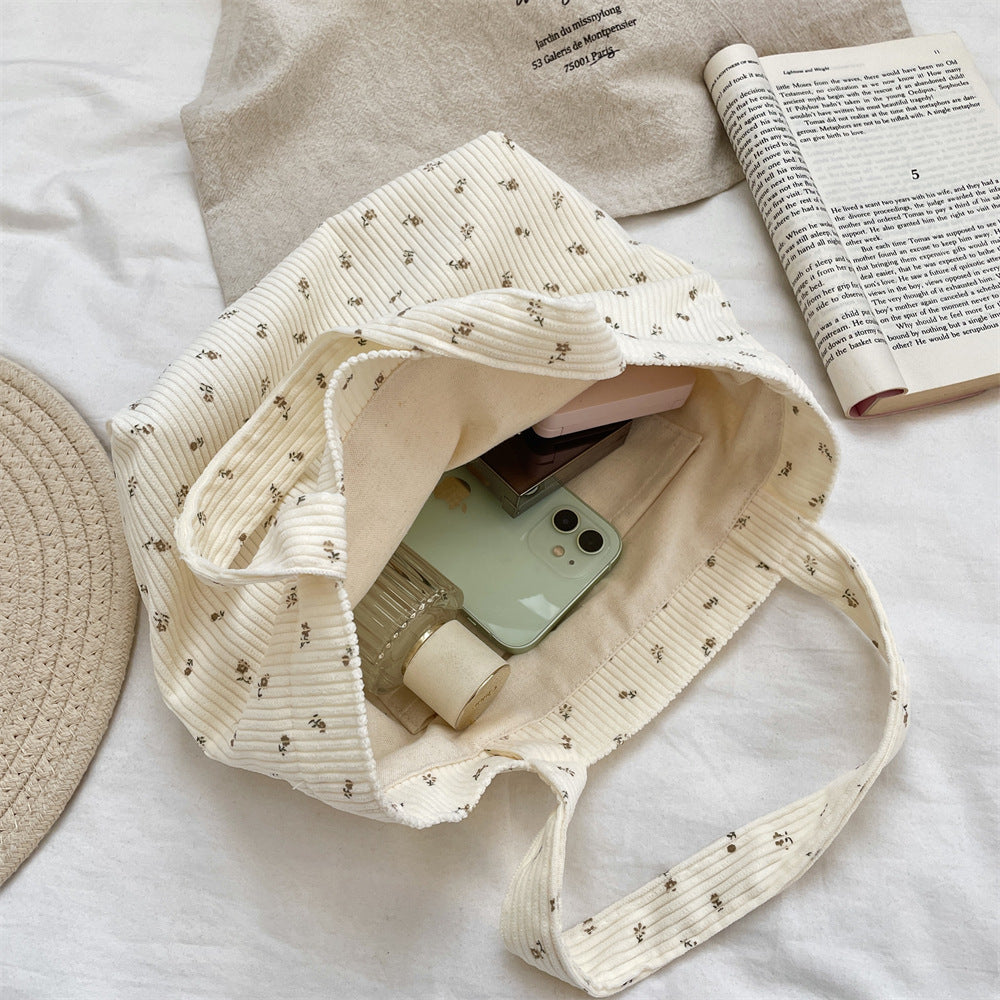 Corduroy Floral Tote Bag - Fits A4 Books & Bento Boxes