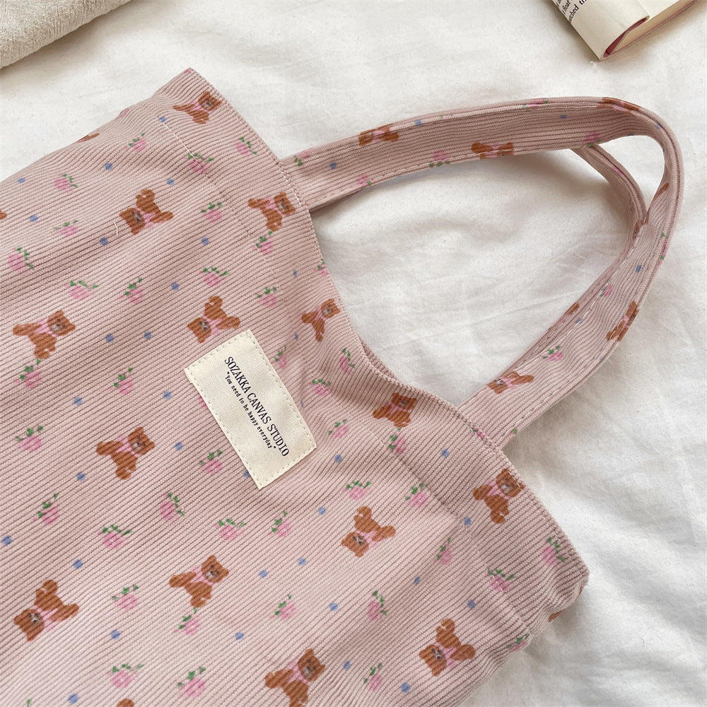 Corduroy Floral Tote Bag - Fits A4 Books & Bento Boxes