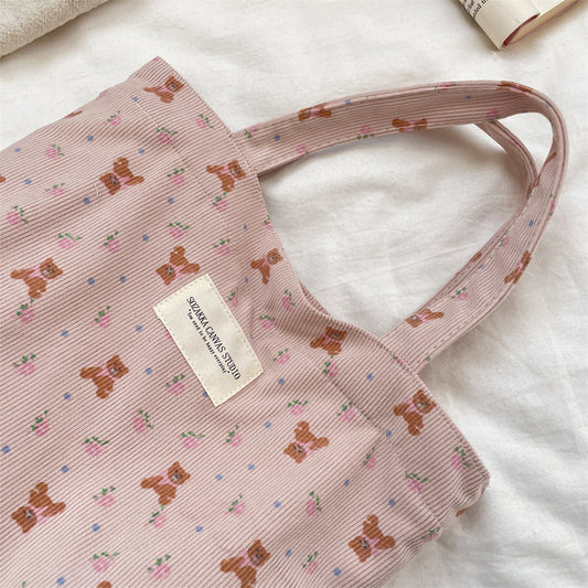 Corduroy Floral Tote Bag - Fits A4 Books & Bento Boxes